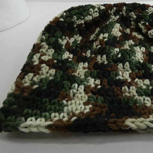 Camo Beanie 9" Baggy Cap OS Forest Camouflage Hat Handmade Crochet Hand Knit USA - Picture 7 of 9